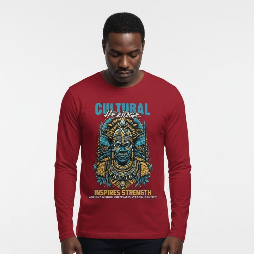 Red long-sleeve shirt with a graphic design and text on a white background