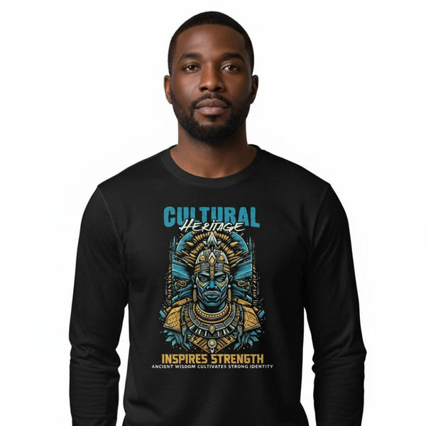 Man wearing a black long-sleeve shirt with a cultural design and text.