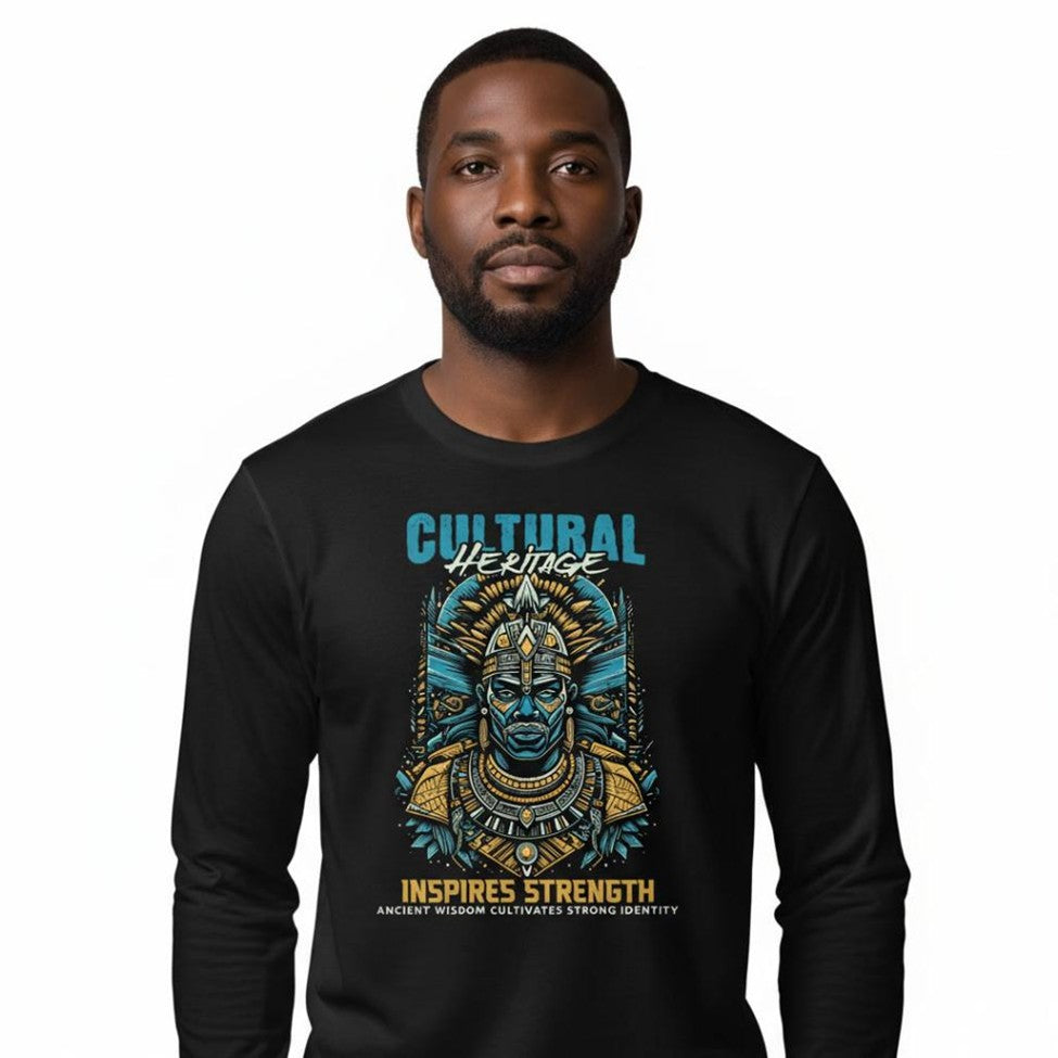 Man wearing a black long-sleeve shirt with a cultural design and text.