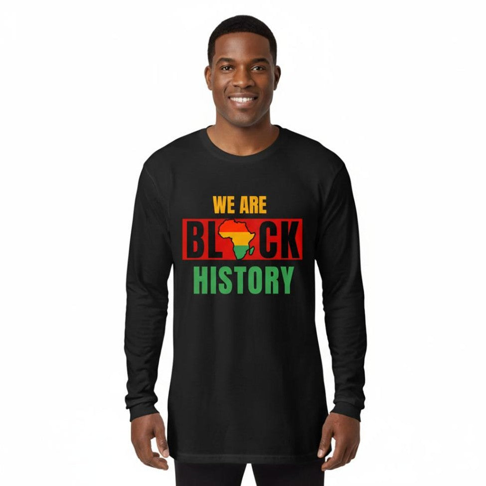 Man wearing a black long-sleeve shirt with 'We Are Black History' text and African map design.