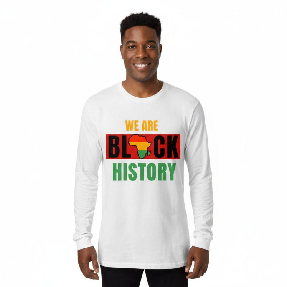 Man wearing a white long-sleeve shirt with 'We Are Black History' text and African flag design.