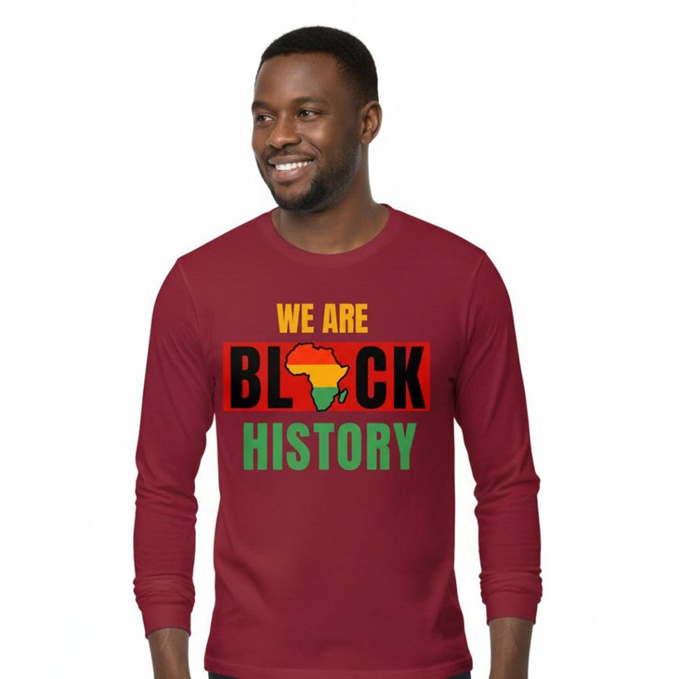 Man wearing a red long-sleeve shirt with 'We Are Black History' text and African map design.