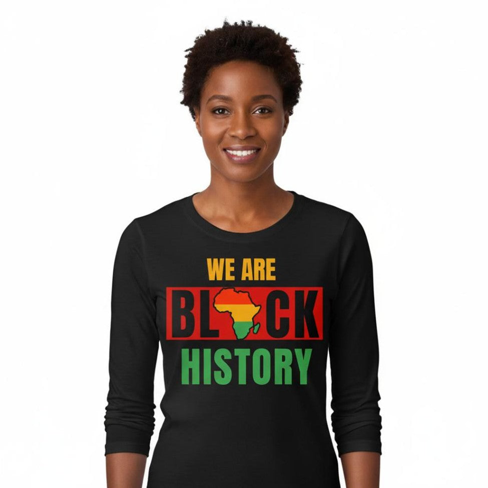 Person wearing a black long-sleeve shirt with 'We Are Black History' text and African map design.