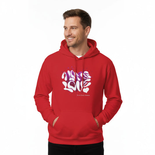 Man wearing a red hoodie with colorful text design on a white background