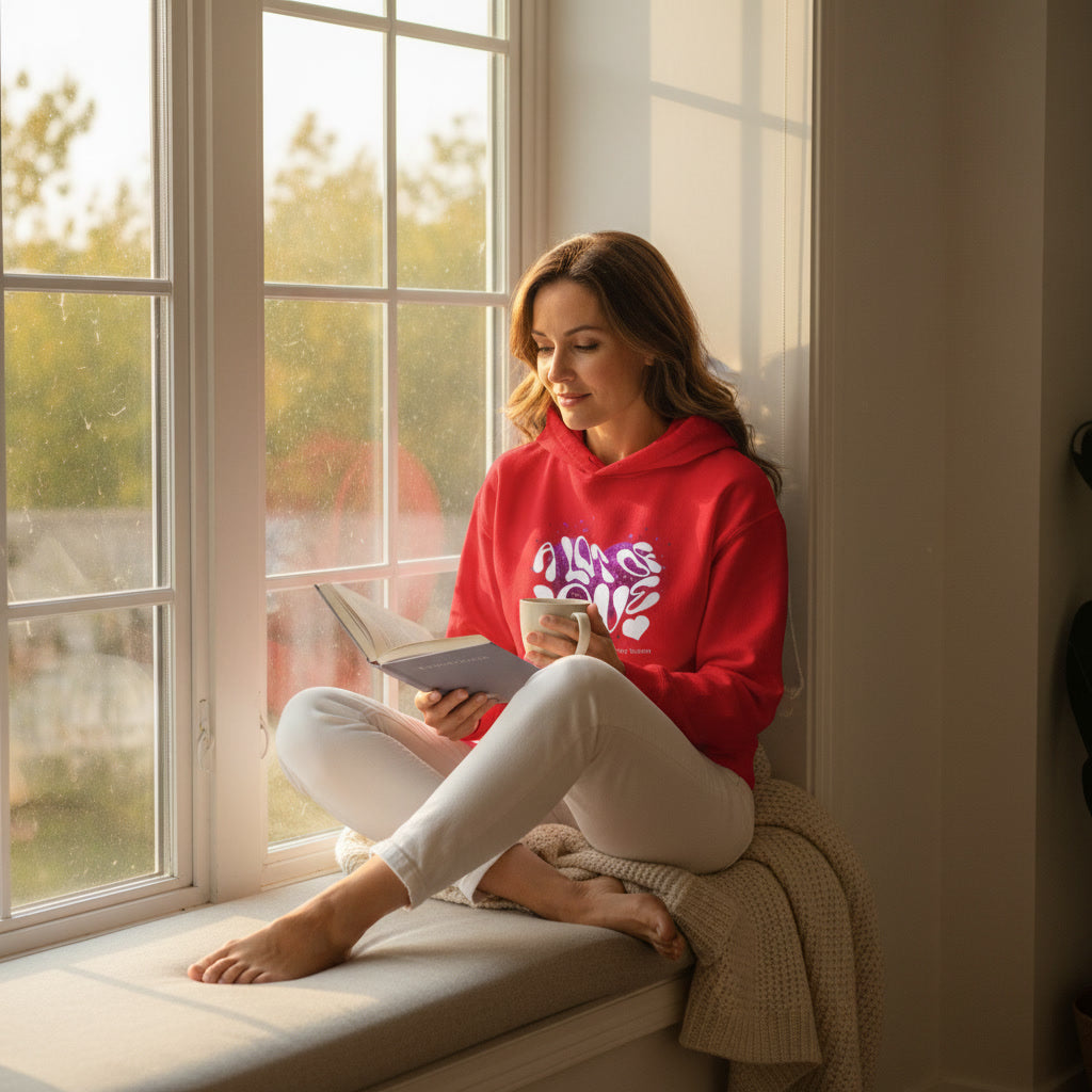 Woman in a red hoodie reading a book by a window with a view of trees.