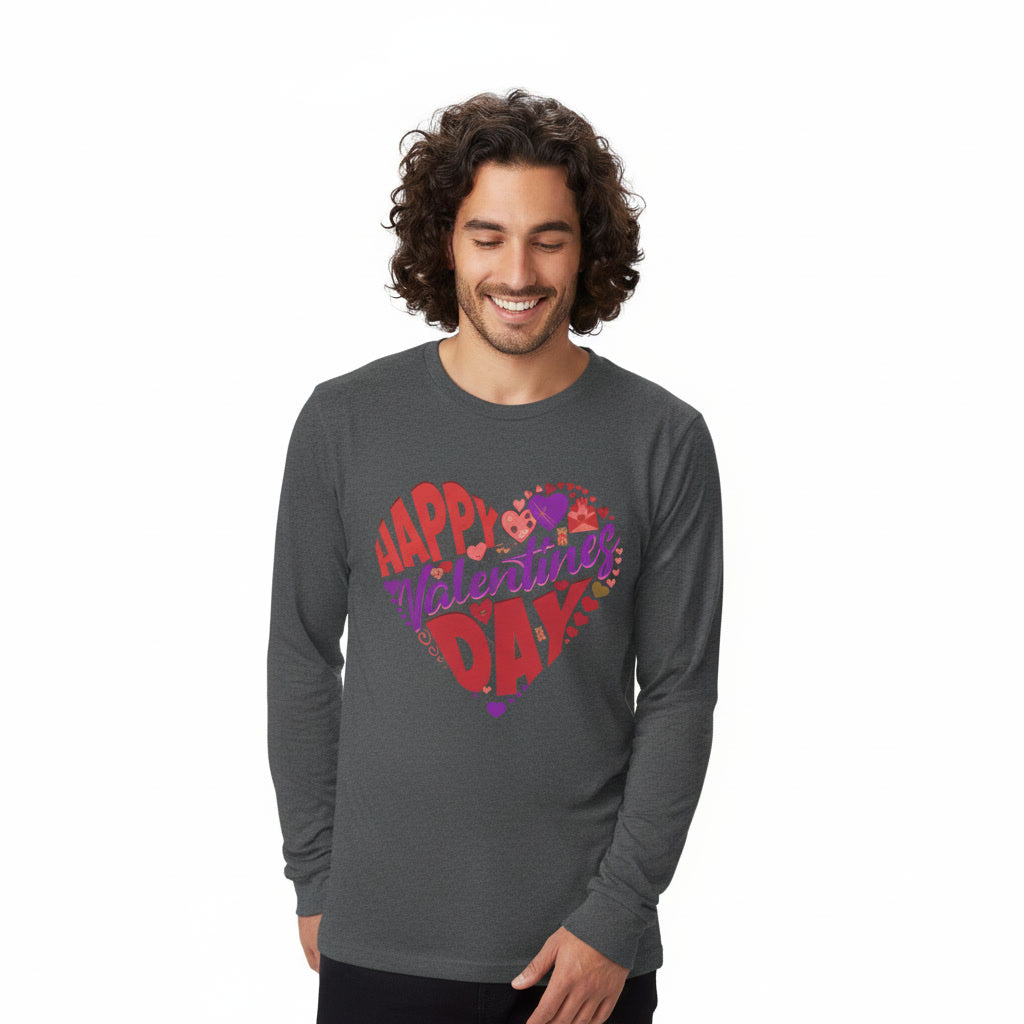 Man wearing a gray long-sleeve shirt with 'Happy Valentine's Day' text on a white background