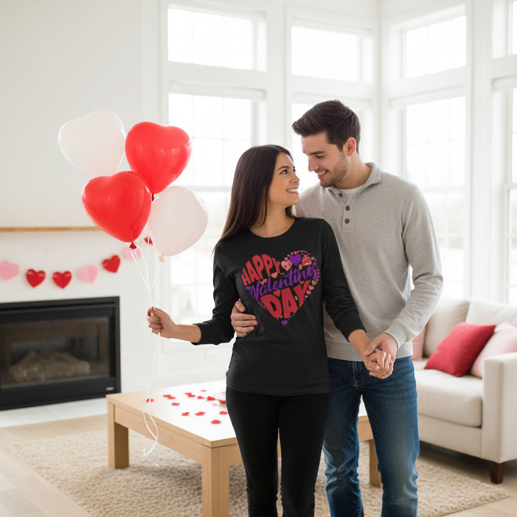 Couple in a living room with Valentine's Day decorations, including balloons and a 'Happy Valentine's Day' shirt.
