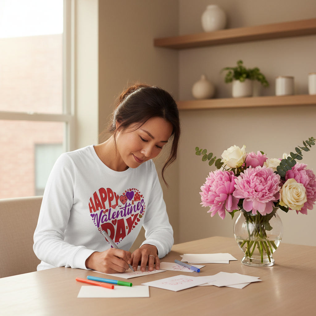 Woman writing cards with a 'Happy Valentine's Day' shirt, flowers in the background