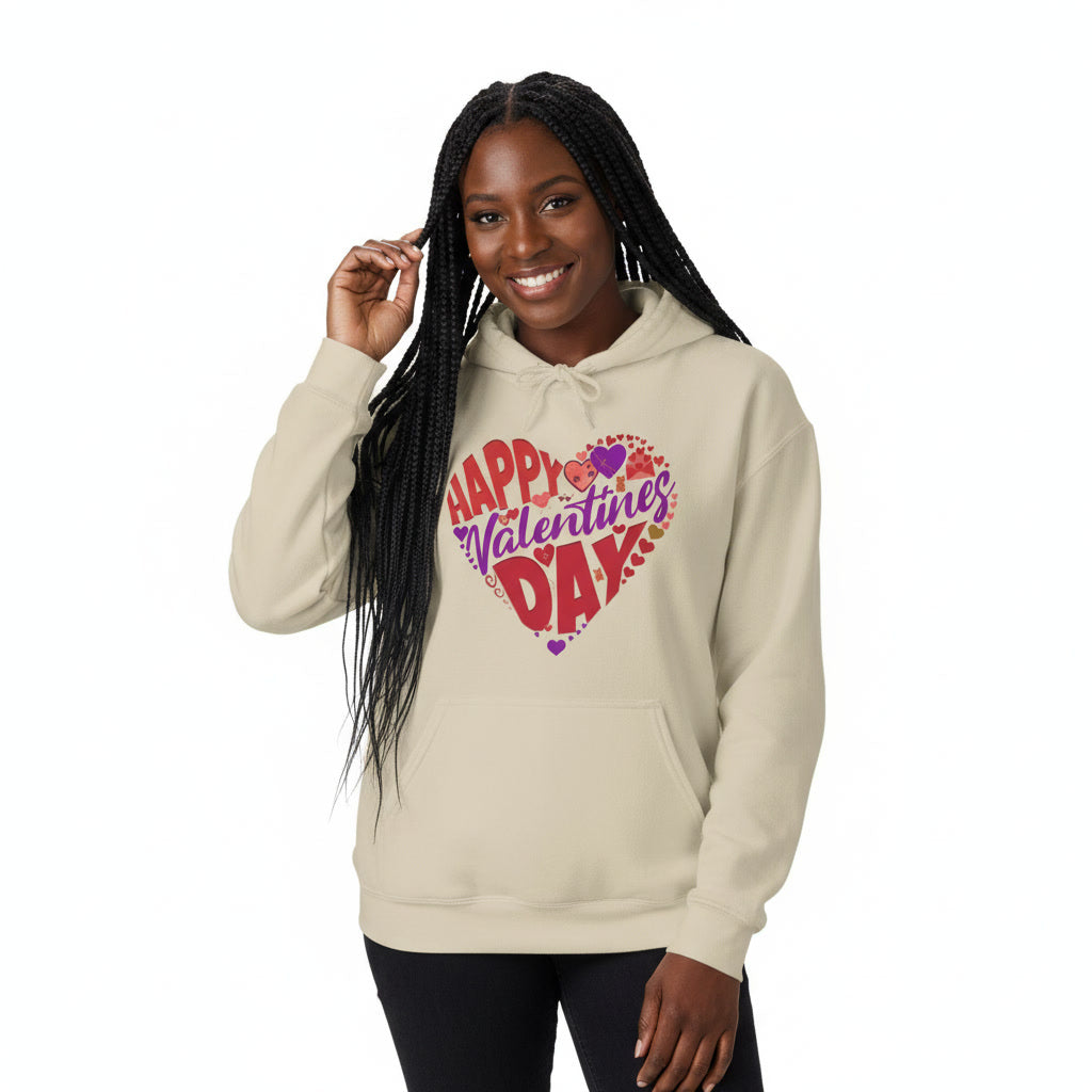 Woman wearing a beige hoodie with 'Happy Valentine's Day' text on a white background