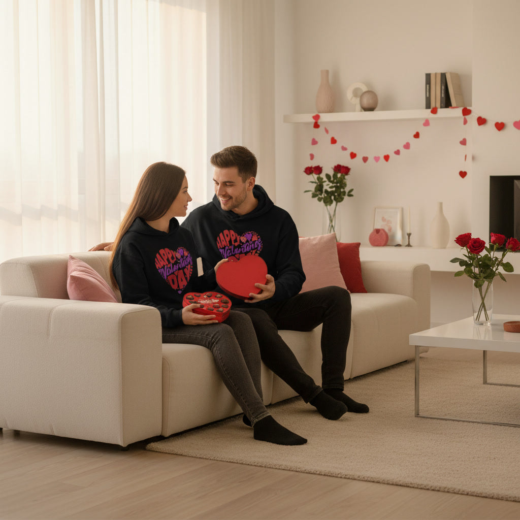 Couple sitting on a couch in a living room with Valentine's Day decorations.