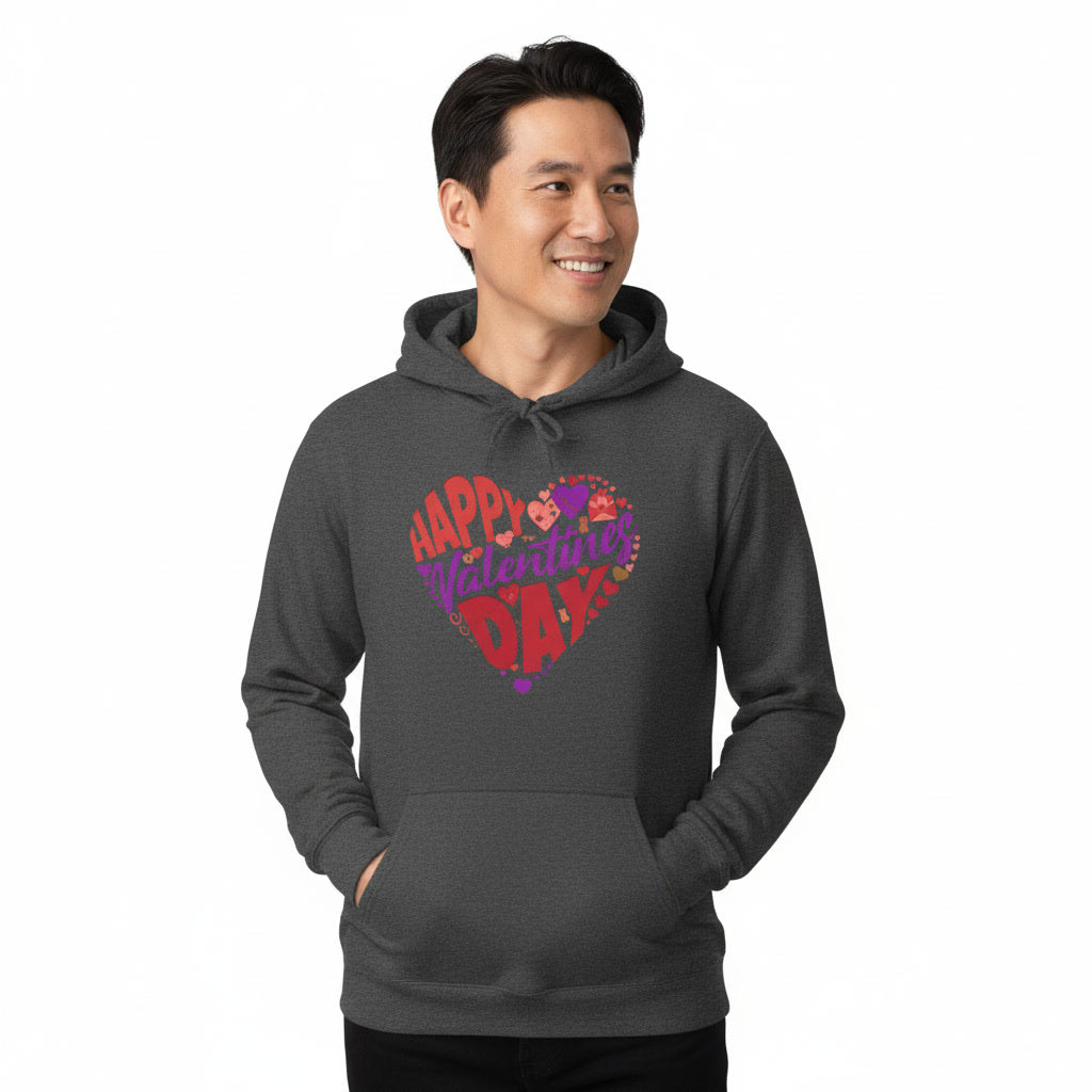 Man wearing a dark gray hoodie with 'Happy Valentine's Day' text design on a white background