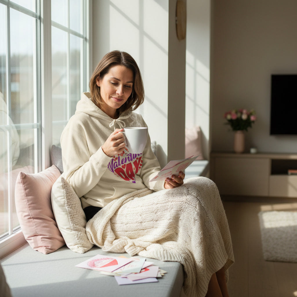 Woman in a cozy room holding a mug and a card, surrounded by soft lighting.