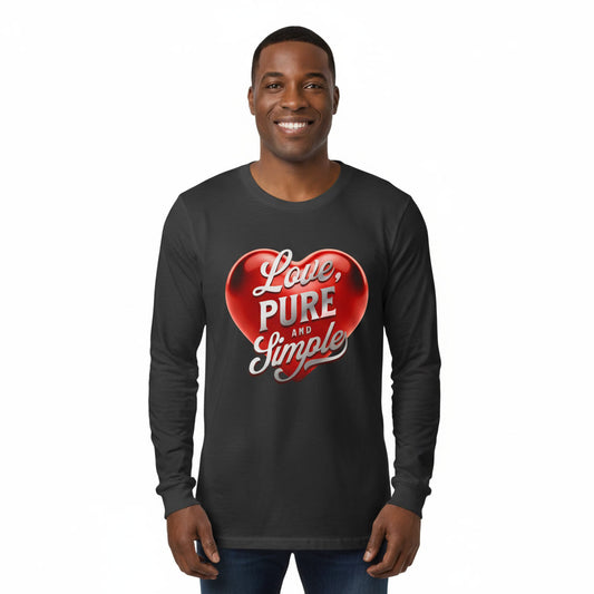 Man wearing a black long-sleeve shirt with a red heart design and text on a white background