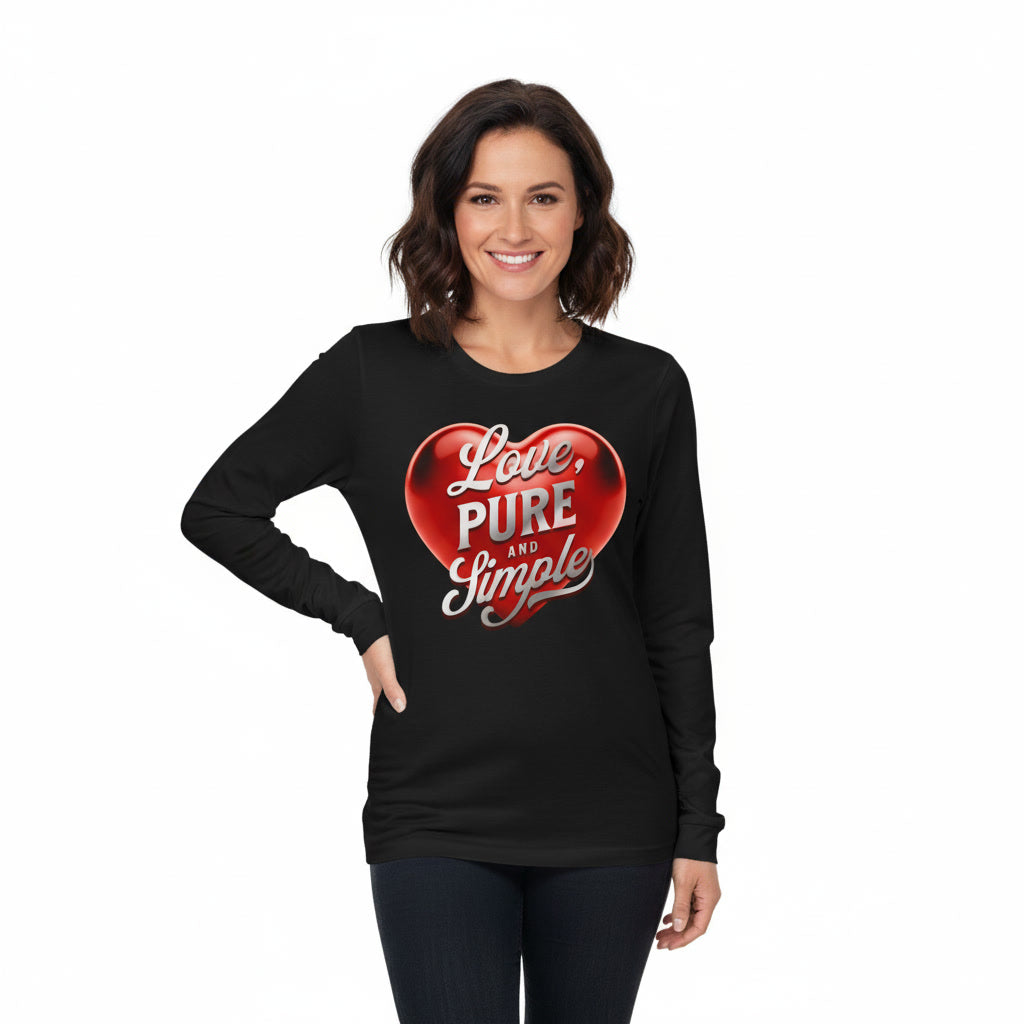 Woman wearing a black long-sleeve shirt with a red heart design and text on a white background