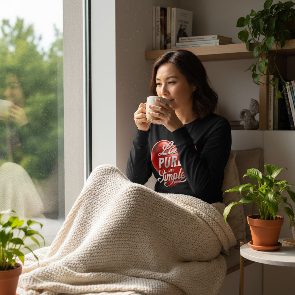 Woman sitting by a window, wrapped in a blanket and drinking from a mug.