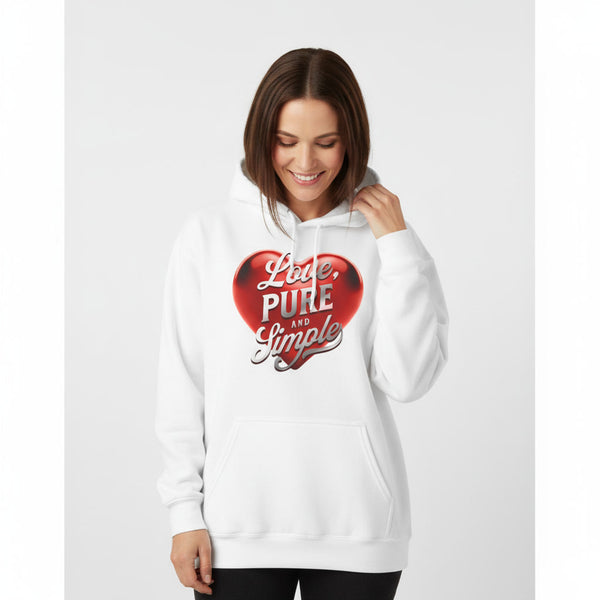 Woman wearing a white hoodie with a red heart design and text on a white background