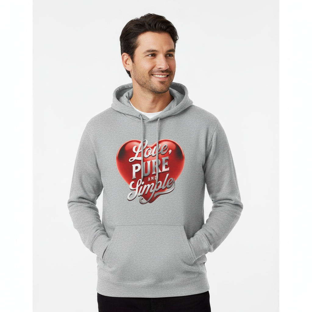 Man wearing a gray hoodie with a red heart design and text on a white background