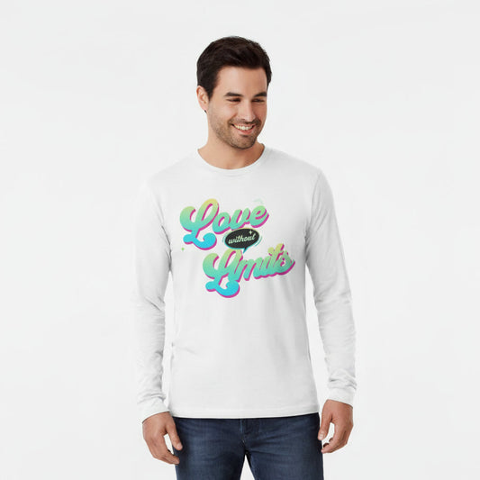 Man wearing a white long-sleeve shirt with colorful text design on a white background