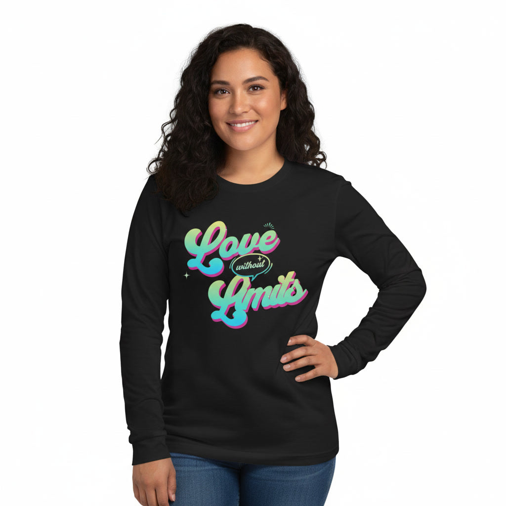 Woman wearing a black long-sleeve shirt with colorful text design on a white background