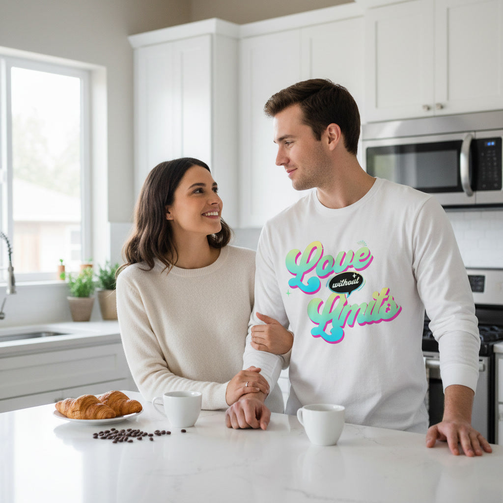 Man and woman in a kitchen with a man wearing a white sweatshirt with colorful text.