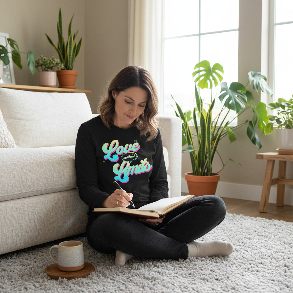 Woman sitting on the floor in a living room, writing in a notebook with plants around her.