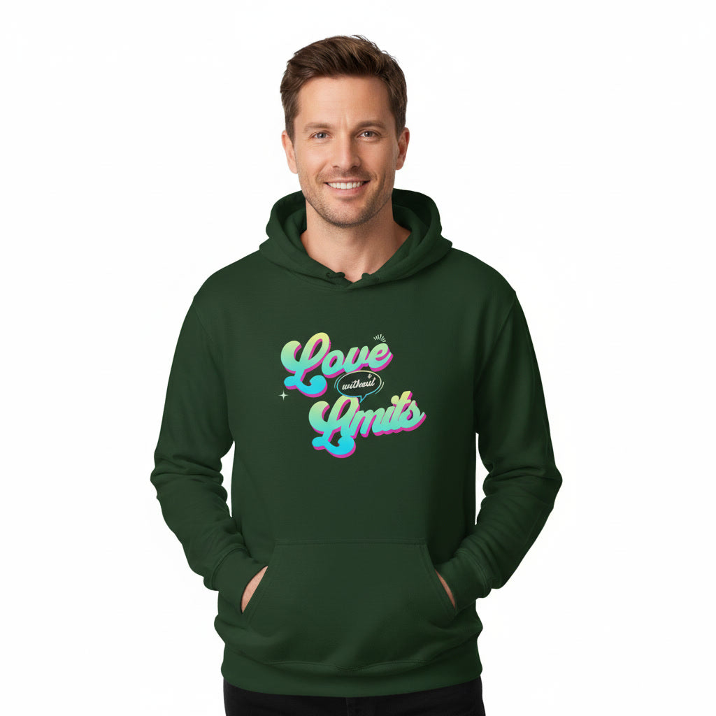 Man wearing a green hoodie with 'Love without Limits' text on a white background