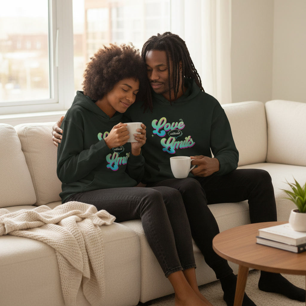 Two people sitting on a couch wearing matching hoodies with 'Love & Livin' text, holding mugs.