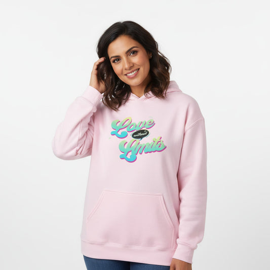 Woman wearing a pink hoodie with colorful text on a white background