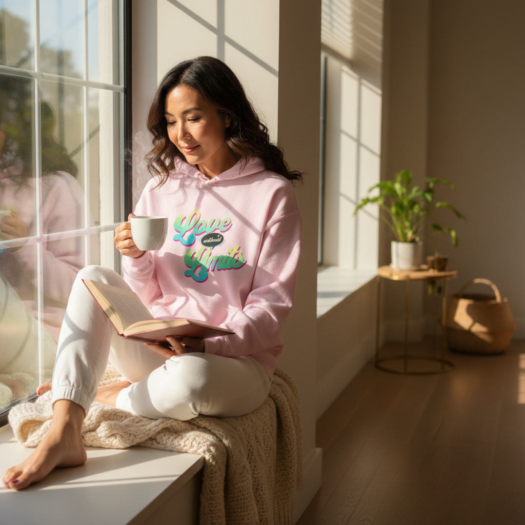 Woman in pink hoodie reading a book by a window with a cup of coffee