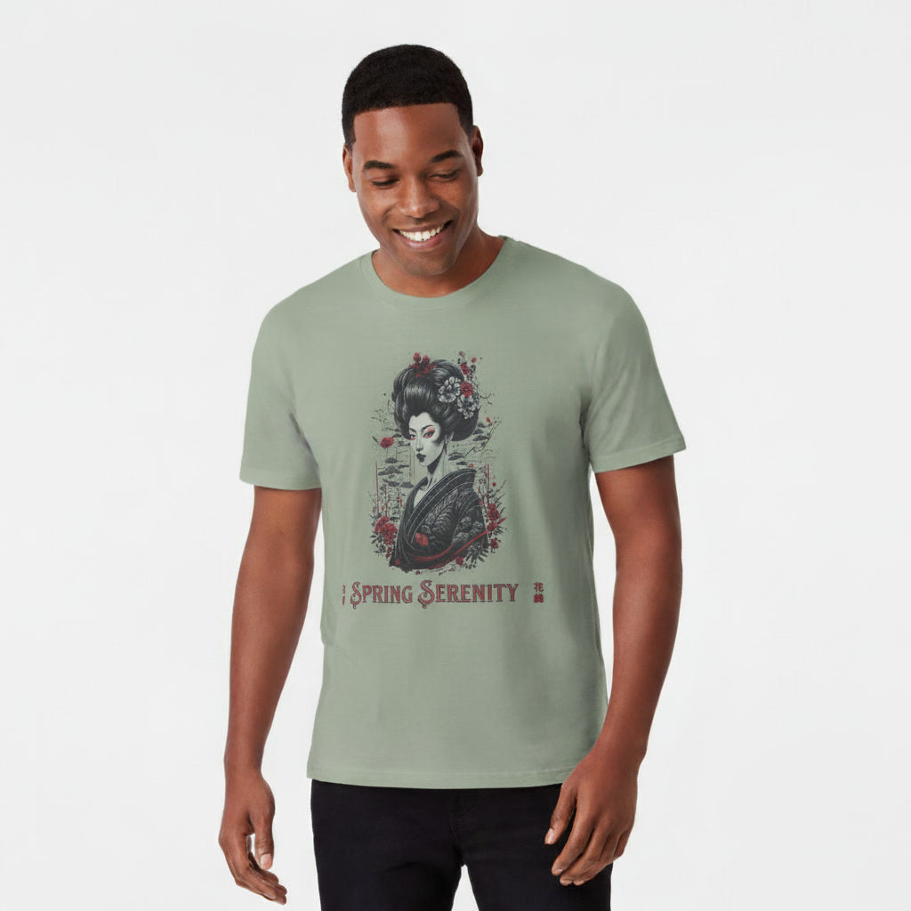 Man wearing a sage green t-shirt with a graphic design on a plain background