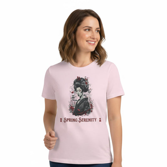Woman wearing a pink t-shirt with a graphic design on a white background