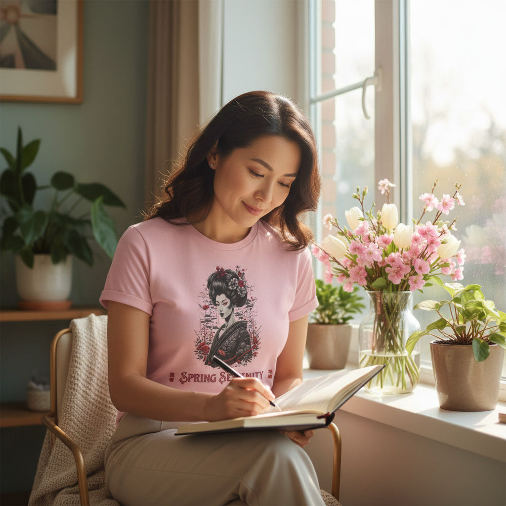 Woman in a pink t-shirt sitting by a window, writing in a notebook with flowers and plants around.