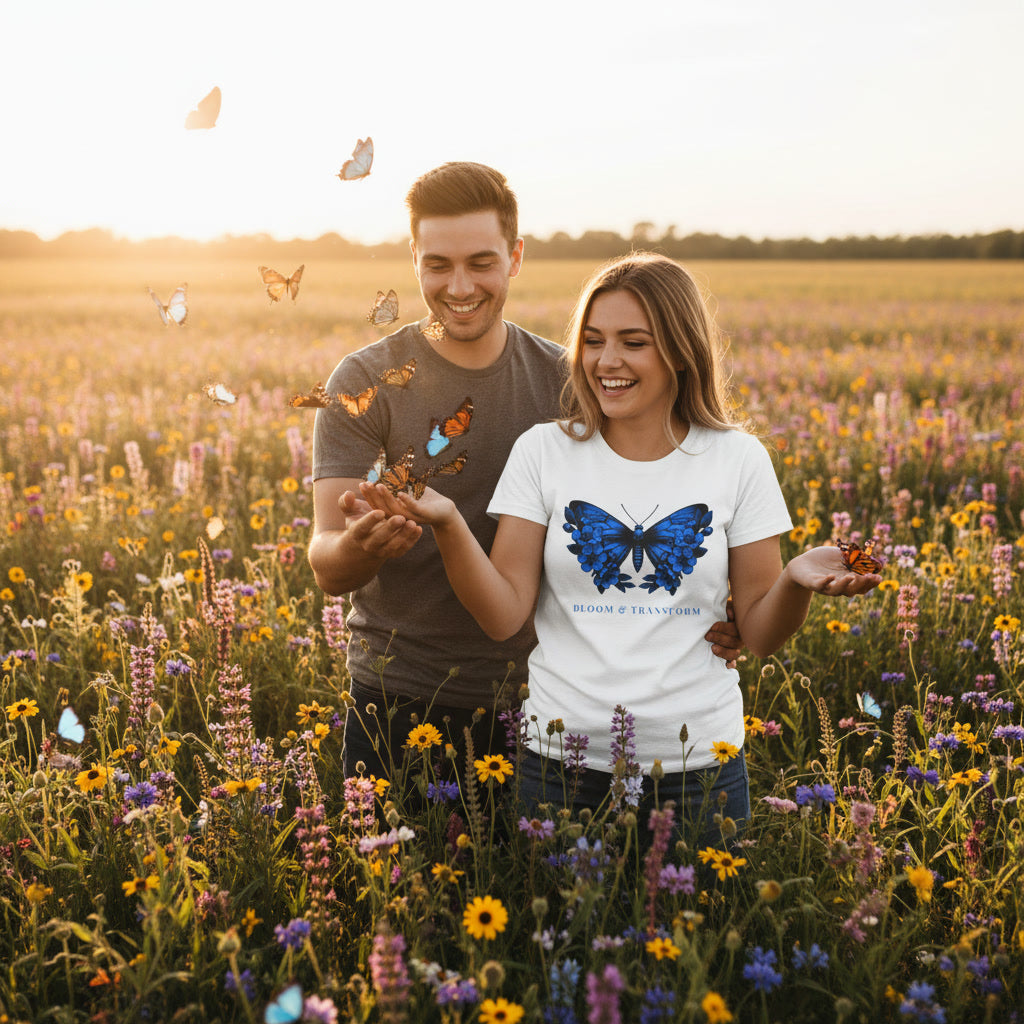 A couple in a wildflower field with butterflies
