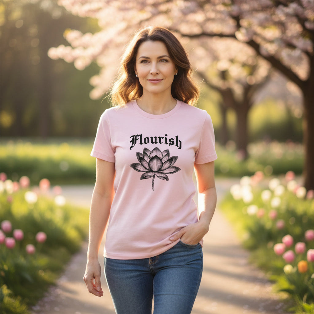 Woman wearing a pink t-shirt with 'Flourish' design in a park setting