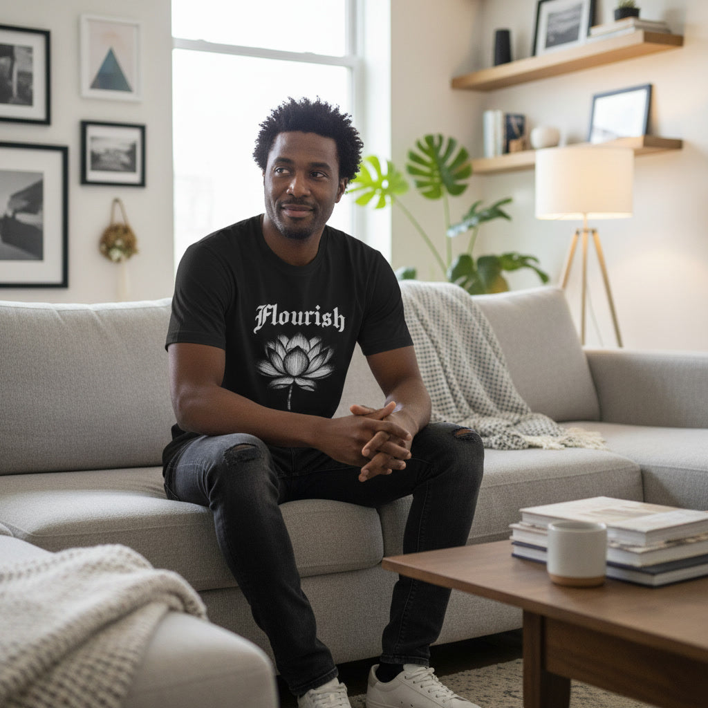 Man sitting on a couch wearing a black t-shirt with 'Flourish' design in a living room.