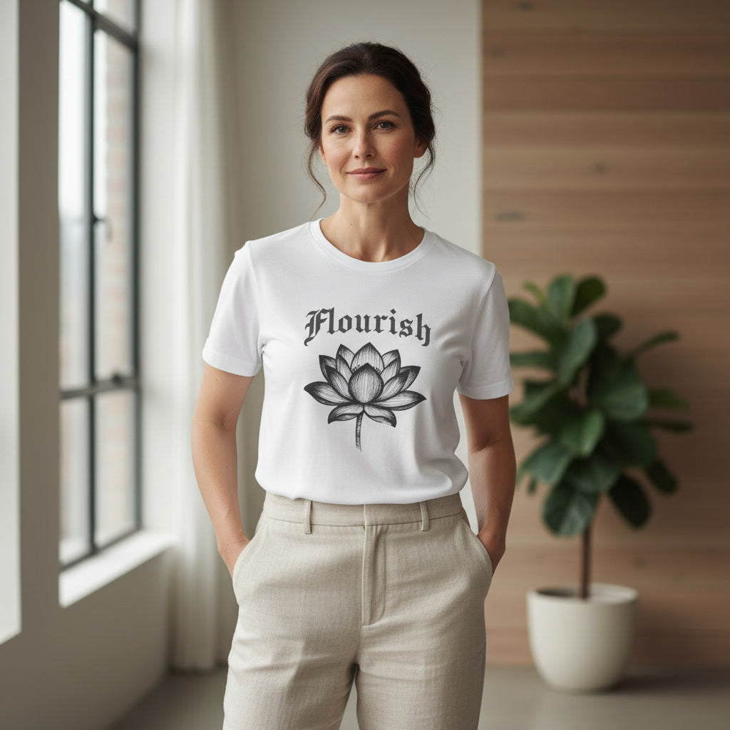 Woman wearing a white t-shirt with 'Flourish' and a lotus flower design in a room with a plant.