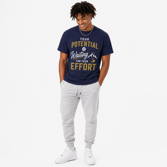 A man wearing a navy blue graphic t-shirt with gold and white text, paired with light gray sweatpants and white sneakers, standing against a plain white background.
