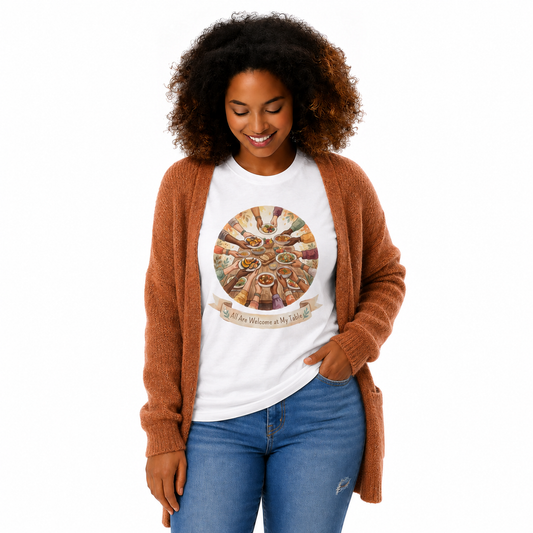 A woman wearing a white graphic t-shirt with a circular multicolor illustration of hands holding a banner that reads 'We All Are Welcome at My Table', styled with a brown knit cardigan and blue jeans against a plain white background.