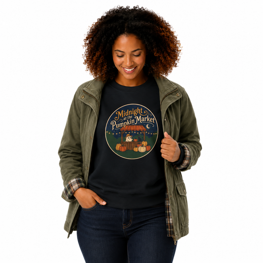 A woman with curly brown hair is wearing a black graphic t-shirt featuring a 'Midnight Pumpkin Market' design, layered under an olive green jacket. She is standing against a solid white background.