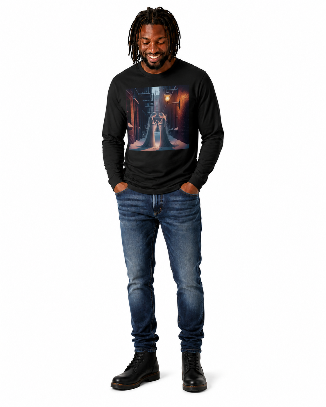 A man wearing a black long-sleeve Midnight Ghost Mirror Halloween t-shirt, blue jeans, and black boots, standing against a plain white background.
