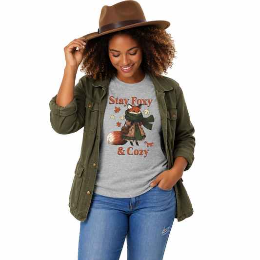 A woman wearing a brown wide-brim hat, an olive green utility jacket, and a heather gray graphic t-shirt that reads 'Stay Foxy & Cozy' with a fox illustration, paired with blue jeans against a plain white background.