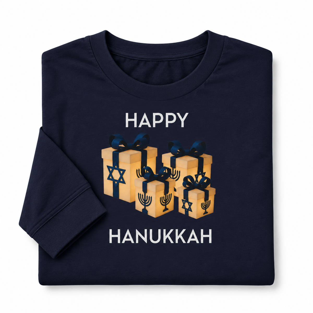 A navy blue long-sleeve t-shirt with a graphic of wrapped Hanukkah presents and the text 'HAPPY HANUKKAH' printed on the front, displayed on a clean white background.