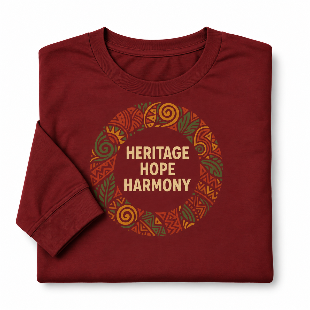 A folded maroon long-sleeve t-shirt with a circular graphic on the chest. The graphic features a patterned wreath in orange, yellow, and green with the words 'HERITAGE HOPE HARMONY' printed in a tan serif font inside.
