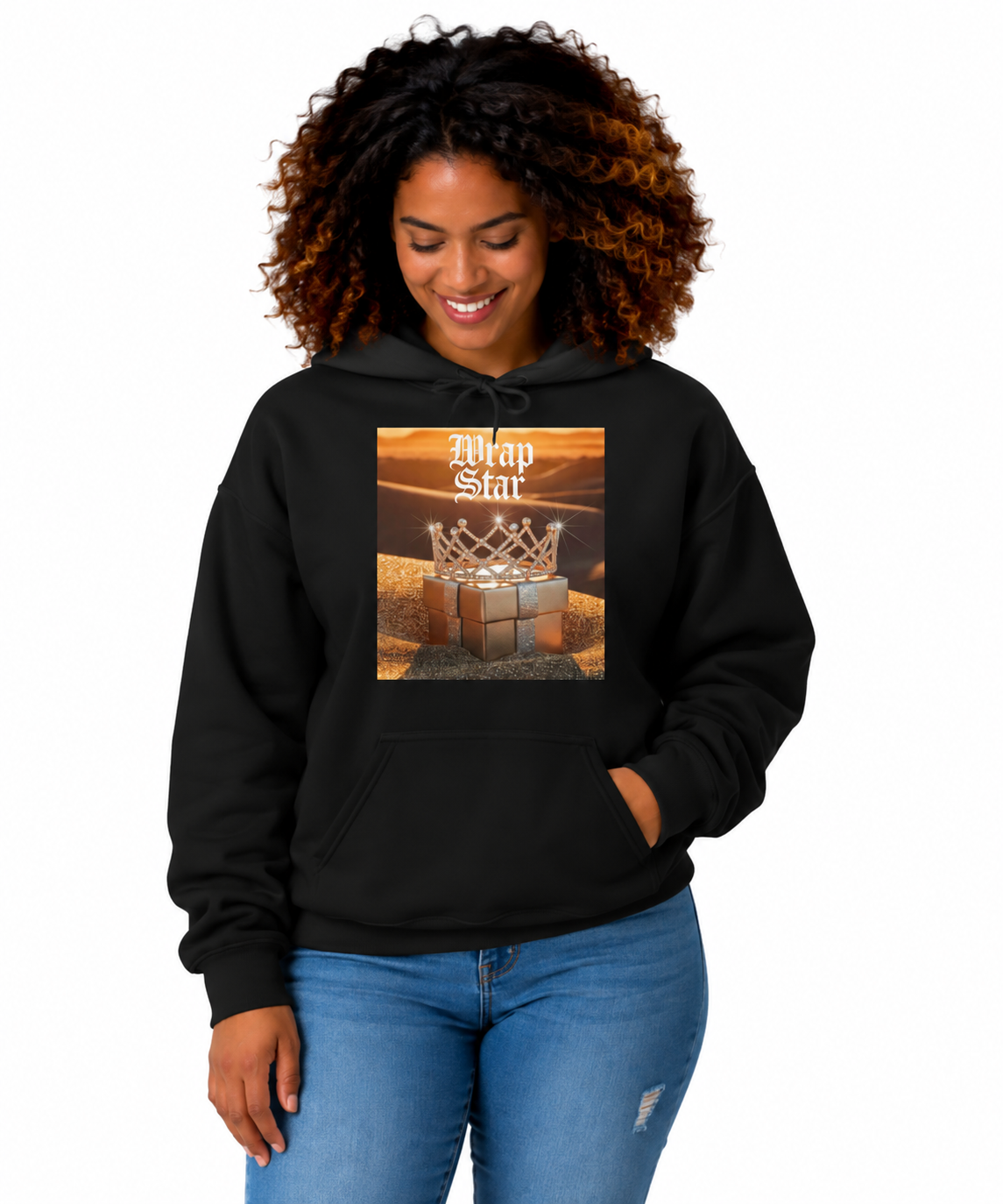 A model in a black pullover hoodie with a front kangaroo pocket and a central graphic print featuring the text 'Wrap Star' above a basketball hoop with wrapped presents, shown on a plain white background.