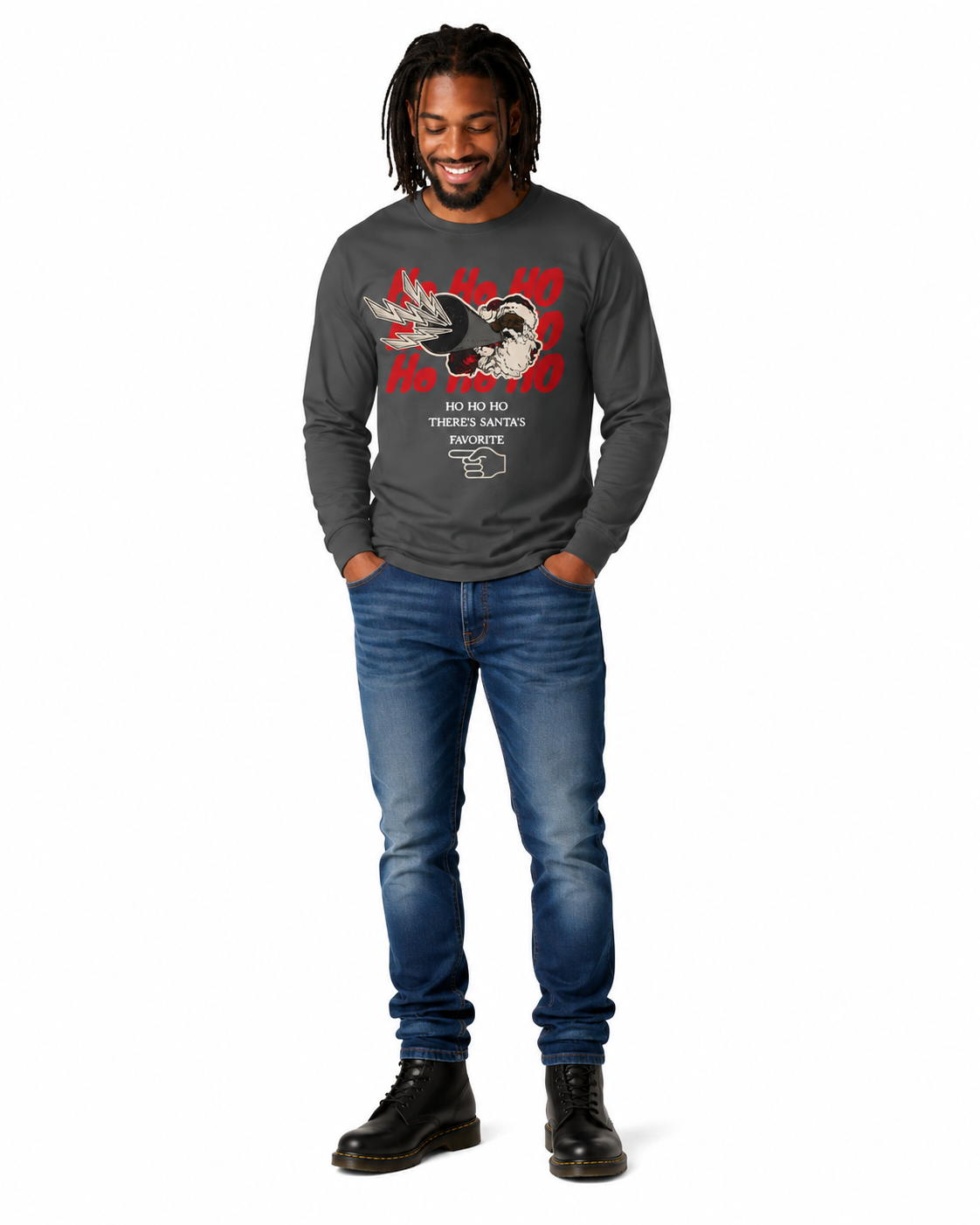 A male model wearing dark gray long-sleeve t-shirt with a graphic print on the chest. The graphic features a red Ho Ho Ho with Santa Clause and a There's Santa's Favorite , with a finger pointing image.