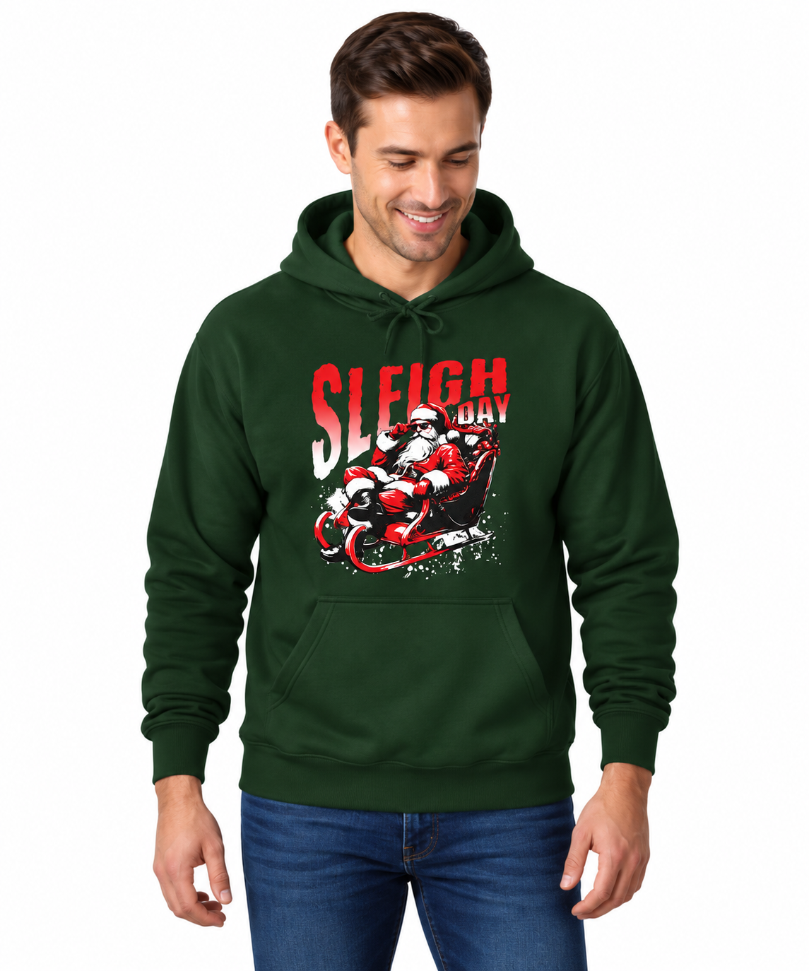 A male model dark green pullover hoodie with a front graphic that reads 'SLEIGH DAY HOODIE' in pink and gold, accompanied by starburst accents and a small globe icon, shown on a plain white background.