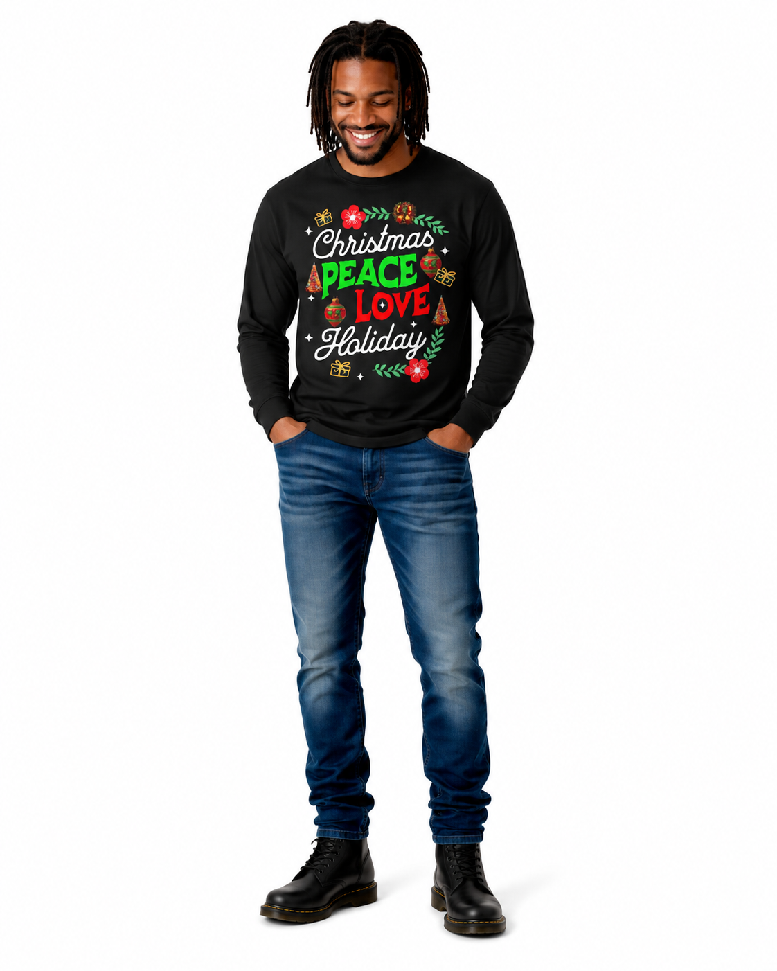 A male model with a black long-sleeve t-shirt with a Christmas graphic on the chest, featuring trees, gifts, and ornaments with the text 'Christmas PEACE, LOVE, Holidays' on a plain white background.