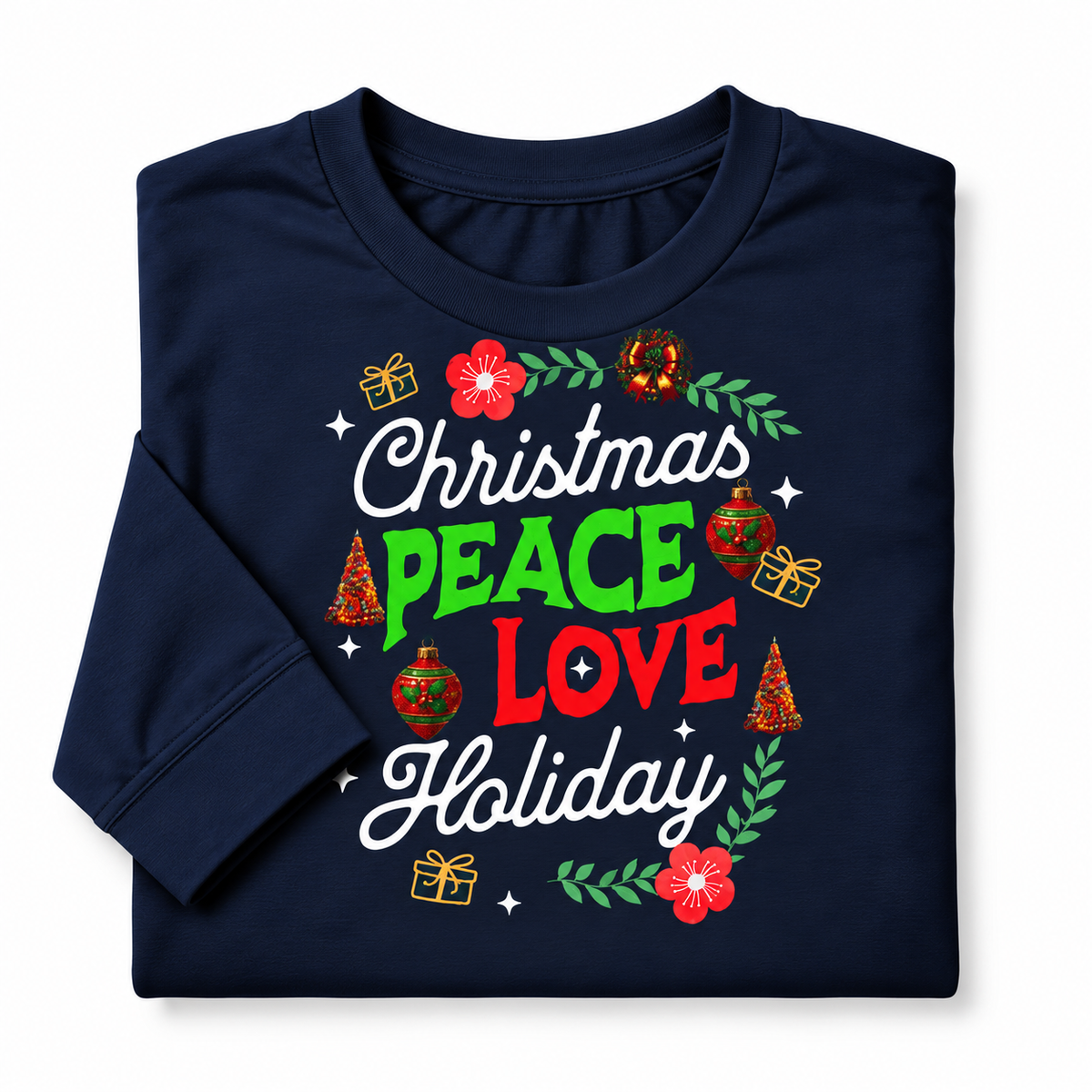A folded navy long-sleeve t-shirt with a Christmas graphic on the chest, featuring trees, gifts, and ornaments with the text 'Christmas PEACE, LOVE, Holidays' on a plain white background.