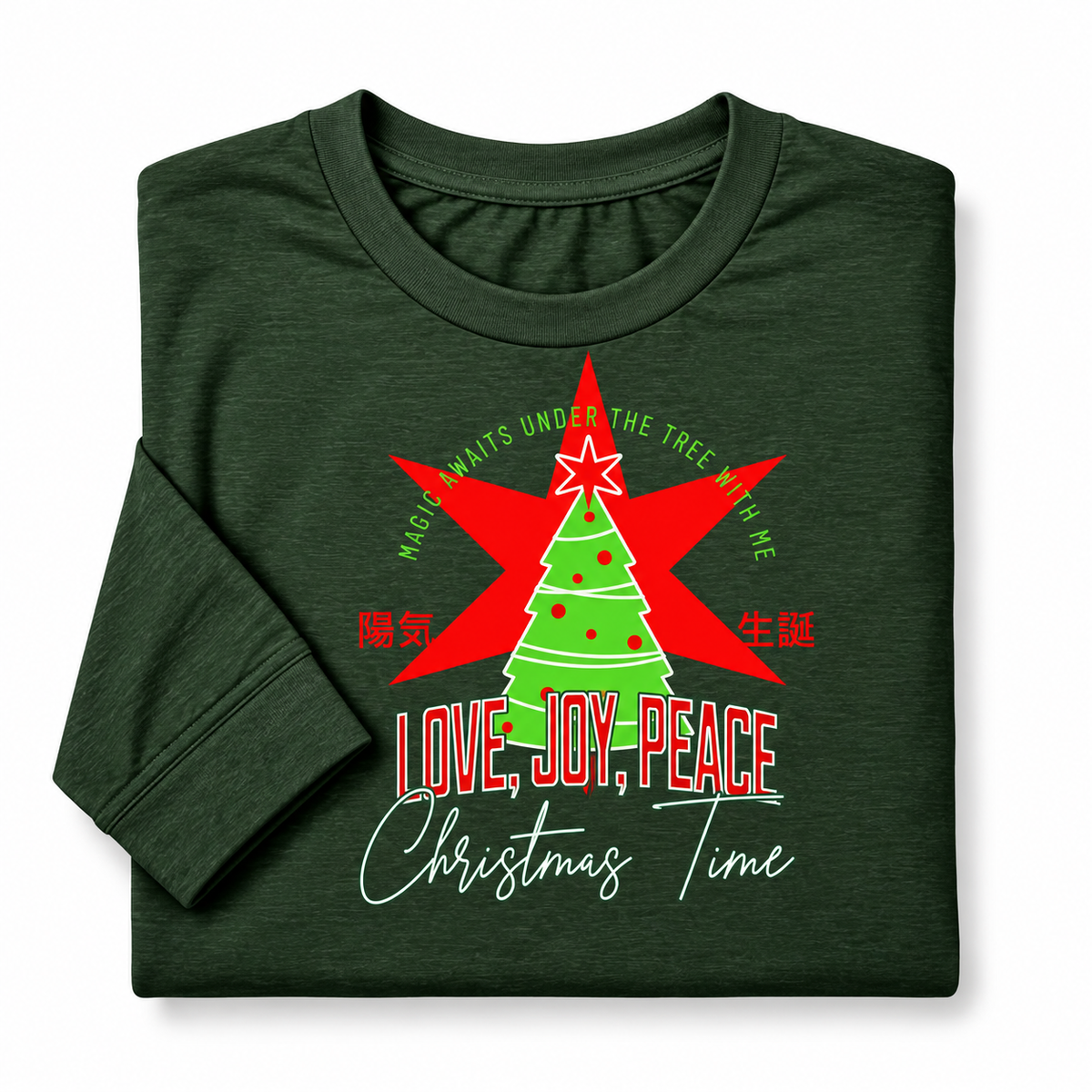 A folded heather green long-sleeve t-shirt with a Christmas graphic on the chest, featuring a green tree, red star, and the text 'LOVE, JOY, PEACE Christmas Time' on a plain white background.