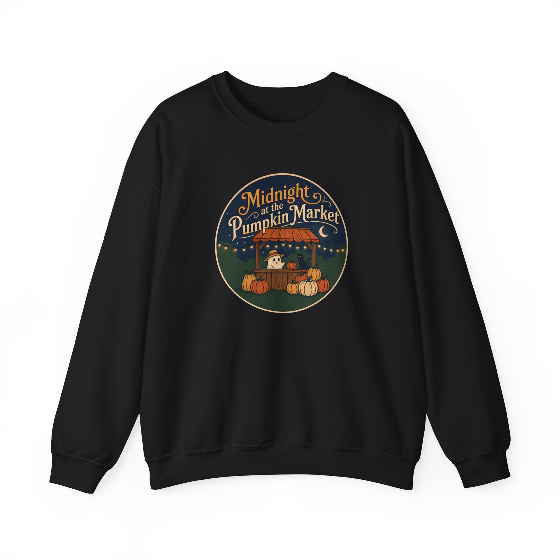 A black crewneck sweatshirt with a circular graphic on the chest reading 'Midnight of the Pumpkin Market' in a stylized autumn market scene with pumpkins and a moon.